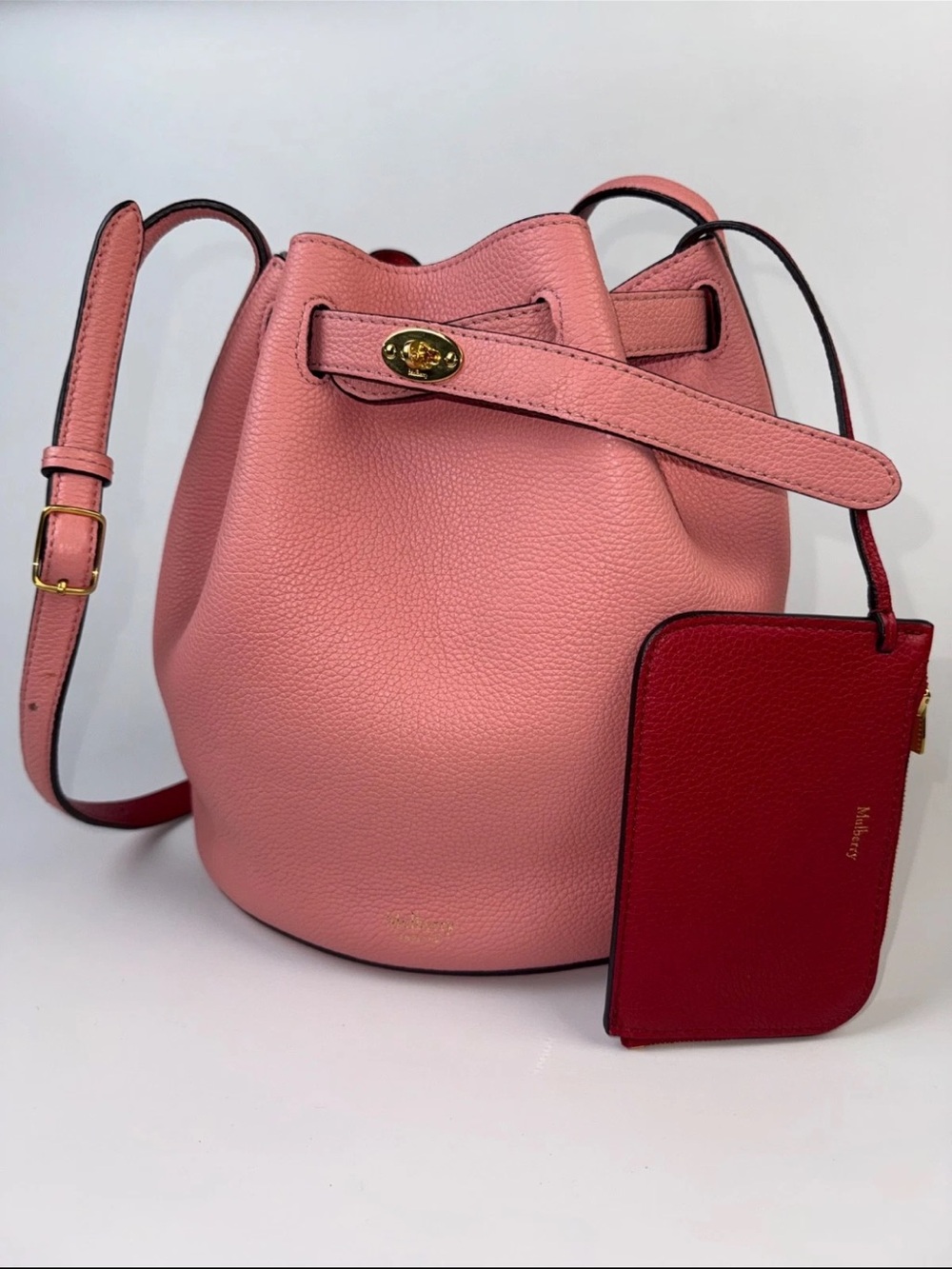 Mulberry Pink Leather Drawstring Bucket Bag with Red Zip Pouch